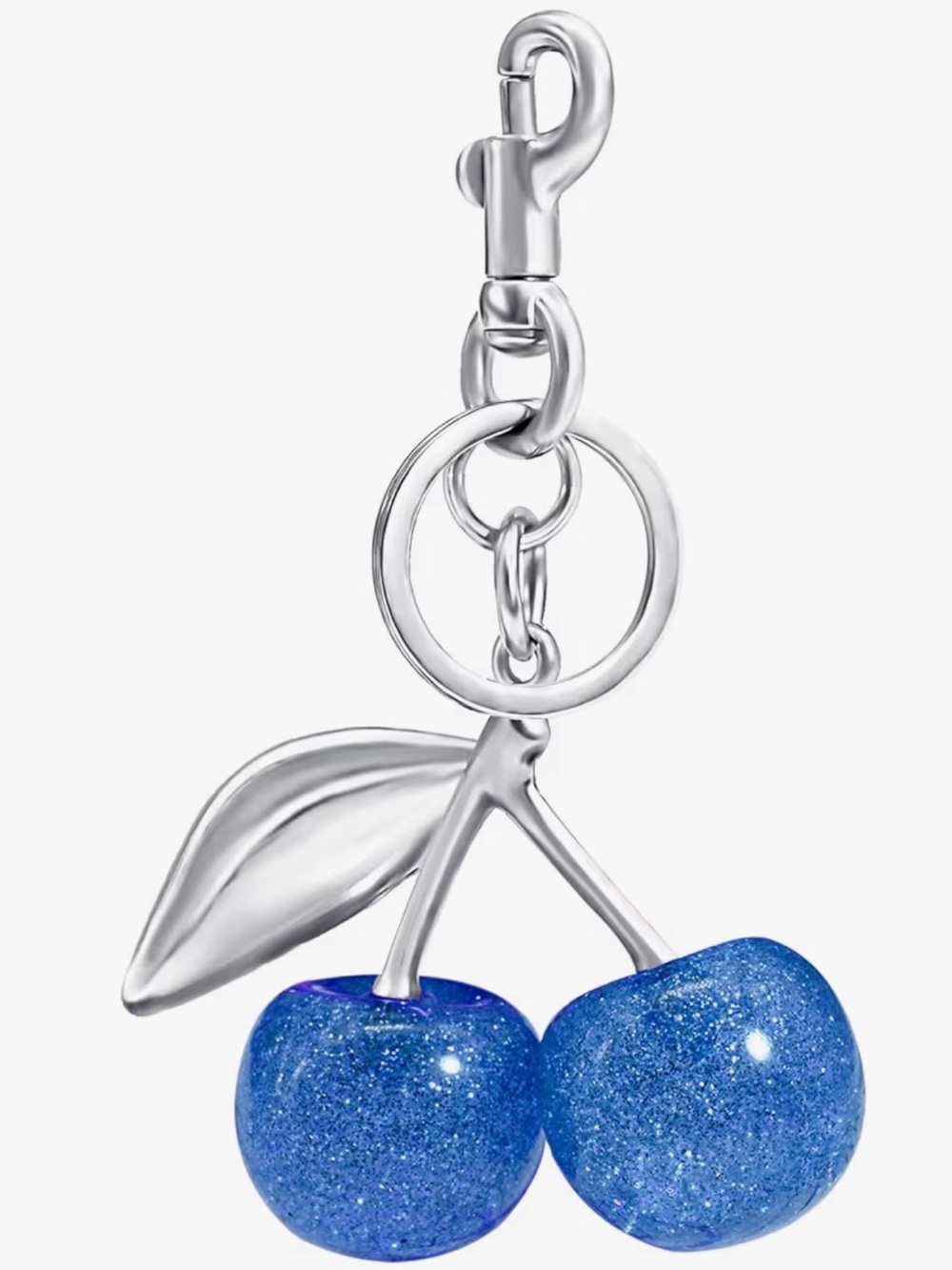 Blue Glitter Cherry Keychain Charm - Silver Hardware